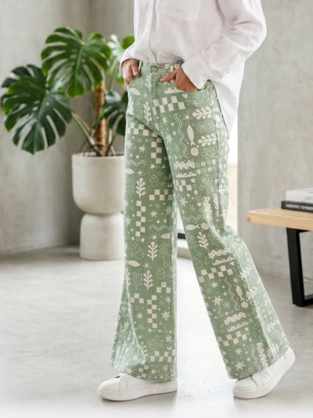 Bailey Rose XS Whimsicsl Printed Wide Leg Jeans in Sage Green/Cream